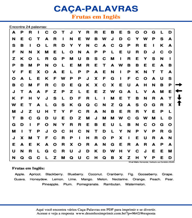 Caça Palavras das Frutas em Inglês Nível Médio Horizontal, Vertical e ao Contrário 20x20 para imprimir