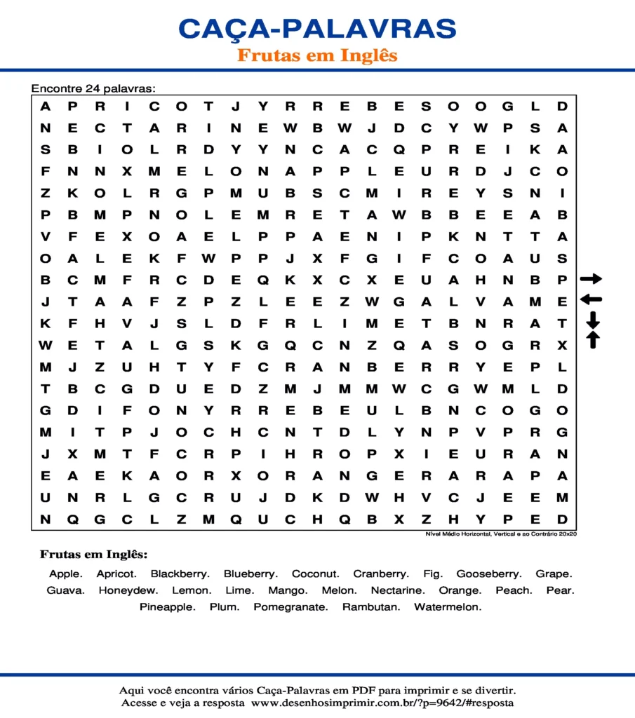 Frutas em Inglês Nível Médio Horizontal, Vertical e ao Contrário 20x20 caça palavras Caça Palavras das Frutas em Inglês Nível Médio Horizontal, Vertical e ao Contrário 20x20 para imprimir