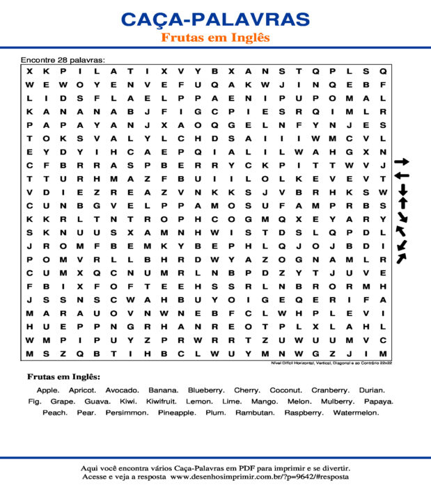 Caça Palavras das Frutas em Inglês Nível Difícil Horizontal, Vertical, Diagonal e ao Contrário 22x22 para imprimir
