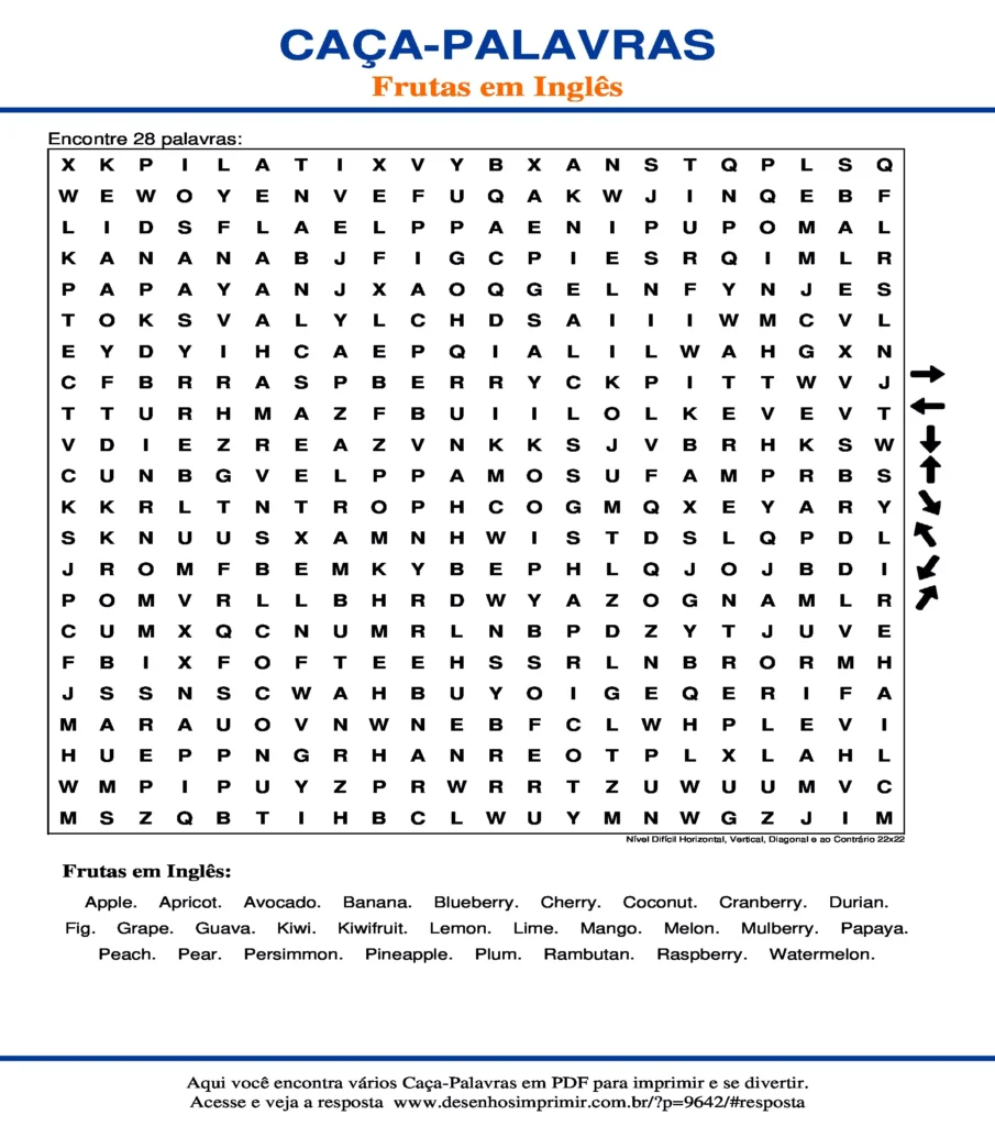 Frutas em Inglês Nível Difícil Horizontal, Vertical, Diagonal e ao Contrário 22x22 caça palavras Caça Palavras das Frutas em Inglês Nível Difícil Horizontal, Vertical, Diagonal e ao Contrário 22x22 para imprimir