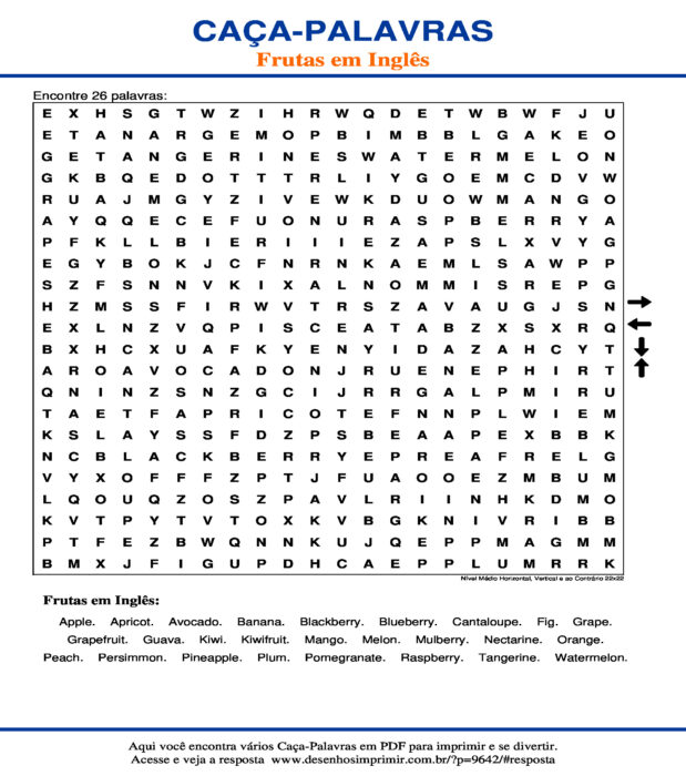 Caça Palavras das Frutas em Inglês Nível Médio Horizontal, Vertical e ao Contrário 22x22 para imprimir