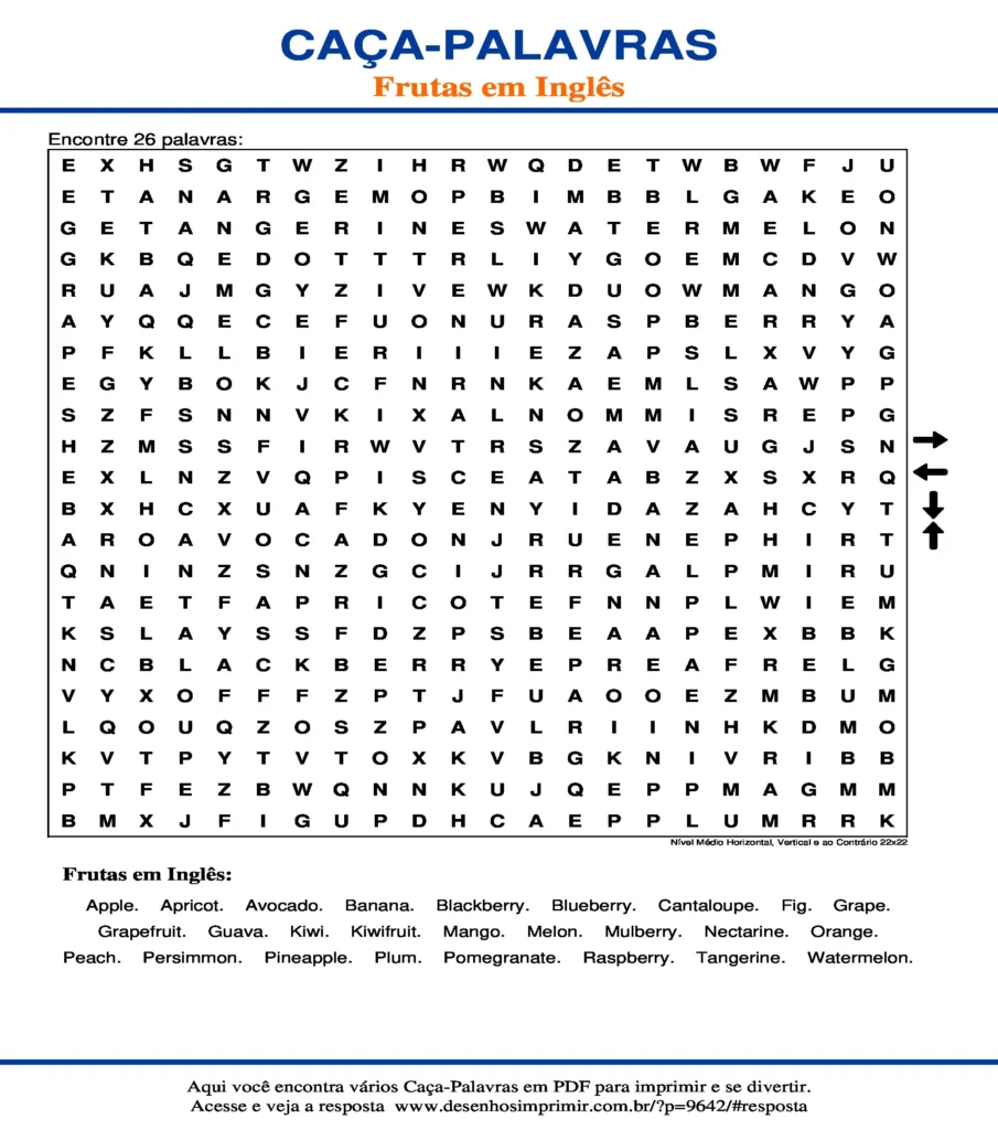 Frutas em Inglês Nível Médio Horizontal, Vertical e ao Contrário 22x22 caça palavras Caça Palavras das Frutas em Inglês Nível Médio Horizontal, Vertical e ao Contrário 22x22 para imprimir