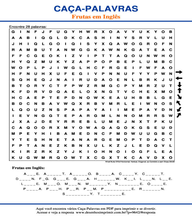 Caça Palavras das Frutas em Inglês Nível Muito Difícil Horizontal, Vertical, Diagonal, ao Contrário e sem Dicas 22x22 para imprimir