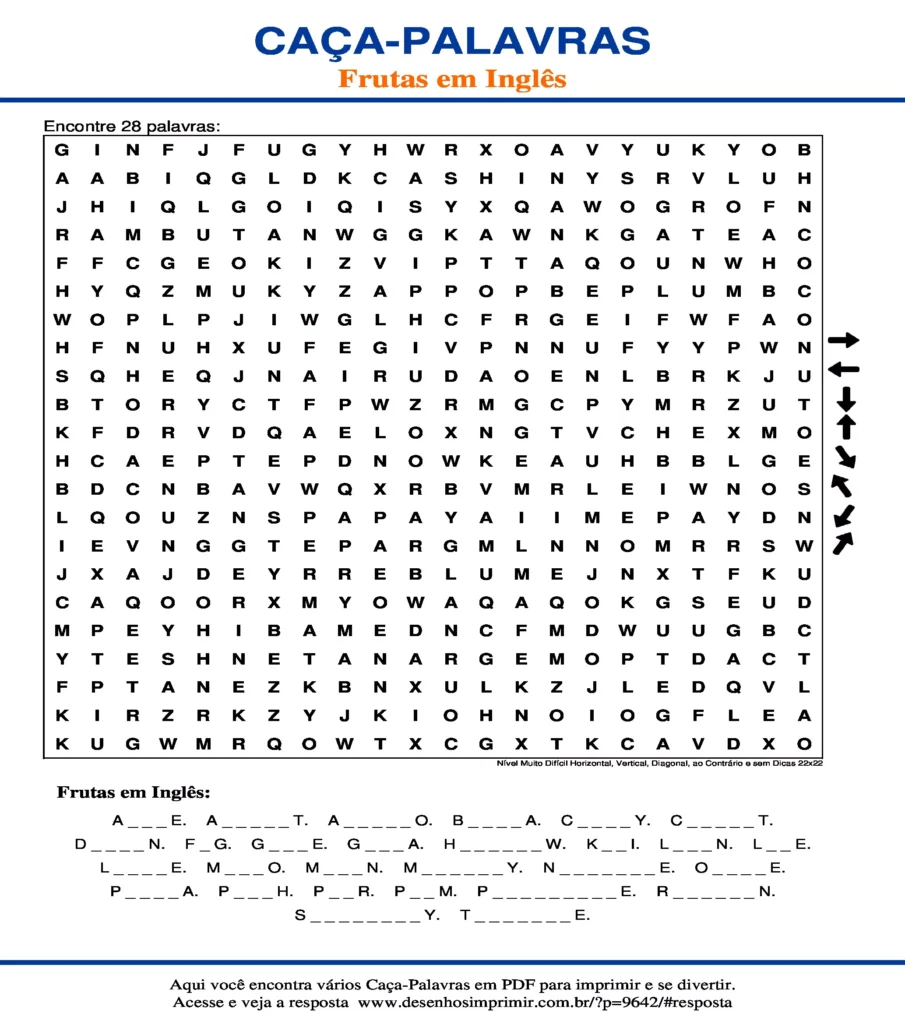 Frutas em Inglês Nível Muito Difícil Horizontal, Vertical, Diagonal, ao Contrário e sem Dicas 22x22 caça palavras Caça Palavras das Frutas em Inglês Nível Muito Difícil Horizontal, Vertical, Diagonal, ao Contrário e sem Dicas 22x22 para imprimir