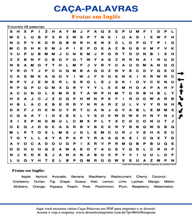 Caça Palavras das Frutas em Inglês Nível Difícil Horizontal, Vertical, Diagonal e ao Contrário 24x24 para imprimir
