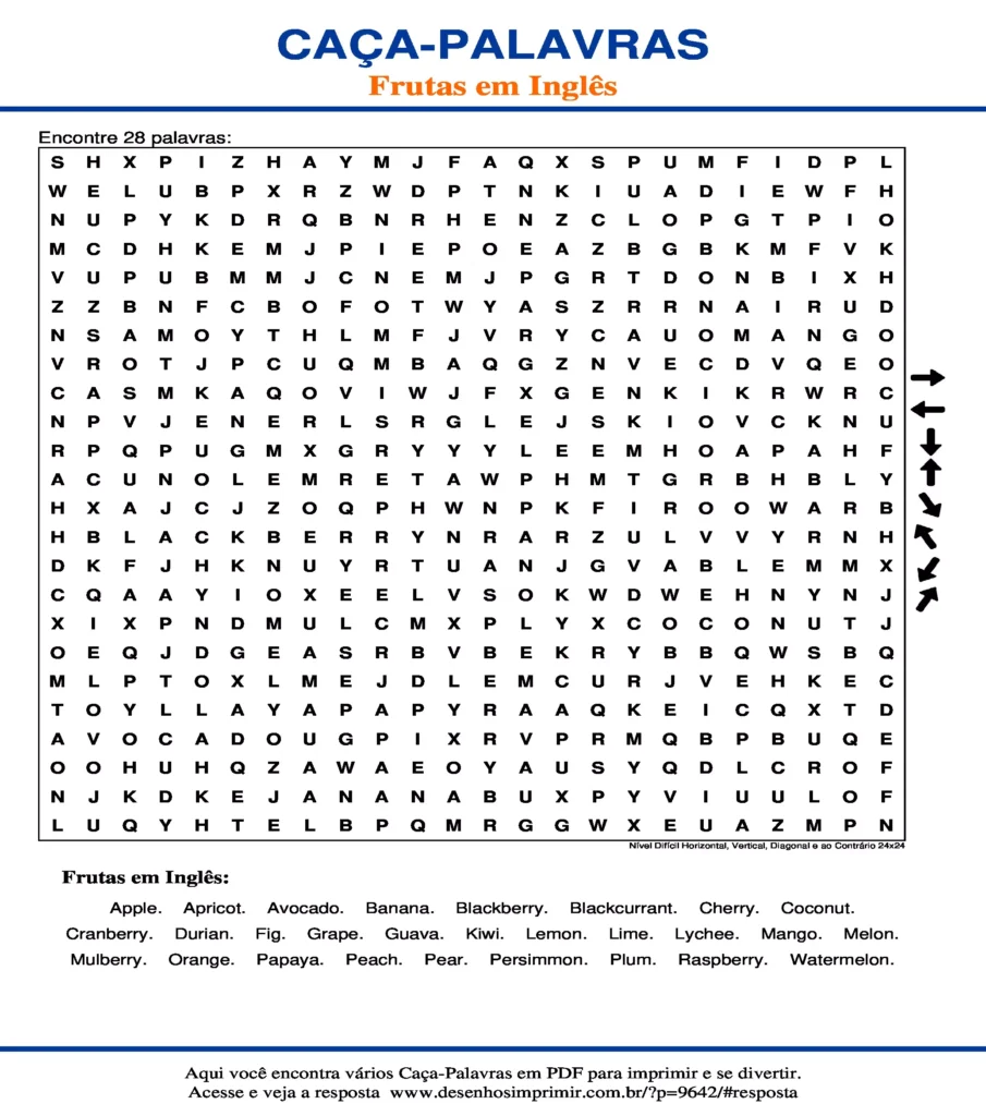 Frutas em Inglês Nível Difícil Horizontal, Vertical, Diagonal e ao Contrário 24x24 caça palavras Caça Palavras das Frutas em Inglês Nível Difícil Horizontal, Vertical, Diagonal e ao Contrário 24x24 para imprimir