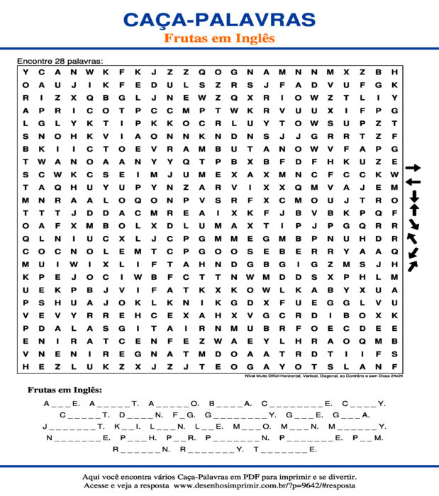 Caça Palavras das Frutas em Inglês Nível Muito Difícil Horizontal, Vertical, Diagonal, ao Contrário e sem Dicas 24x24 para imprimir