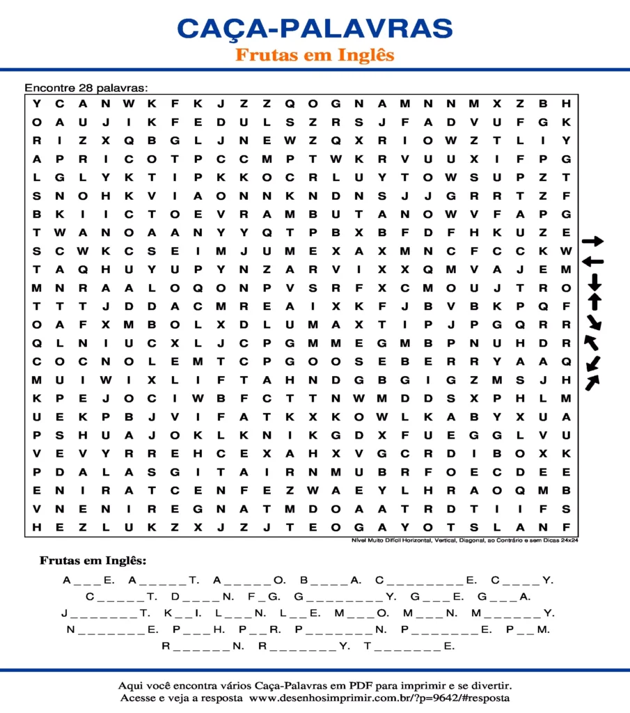 Frutas em Inglês Nível Muito Difícil Horizontal, Vertical, Diagonal, ao Contrário e sem Dicas 24x24 caça palavras Caça Palavras das Frutas em Inglês Nível Muito Difícil Horizontal, Vertical, Diagonal, ao Contrário e sem Dicas 24x24 para imprimir