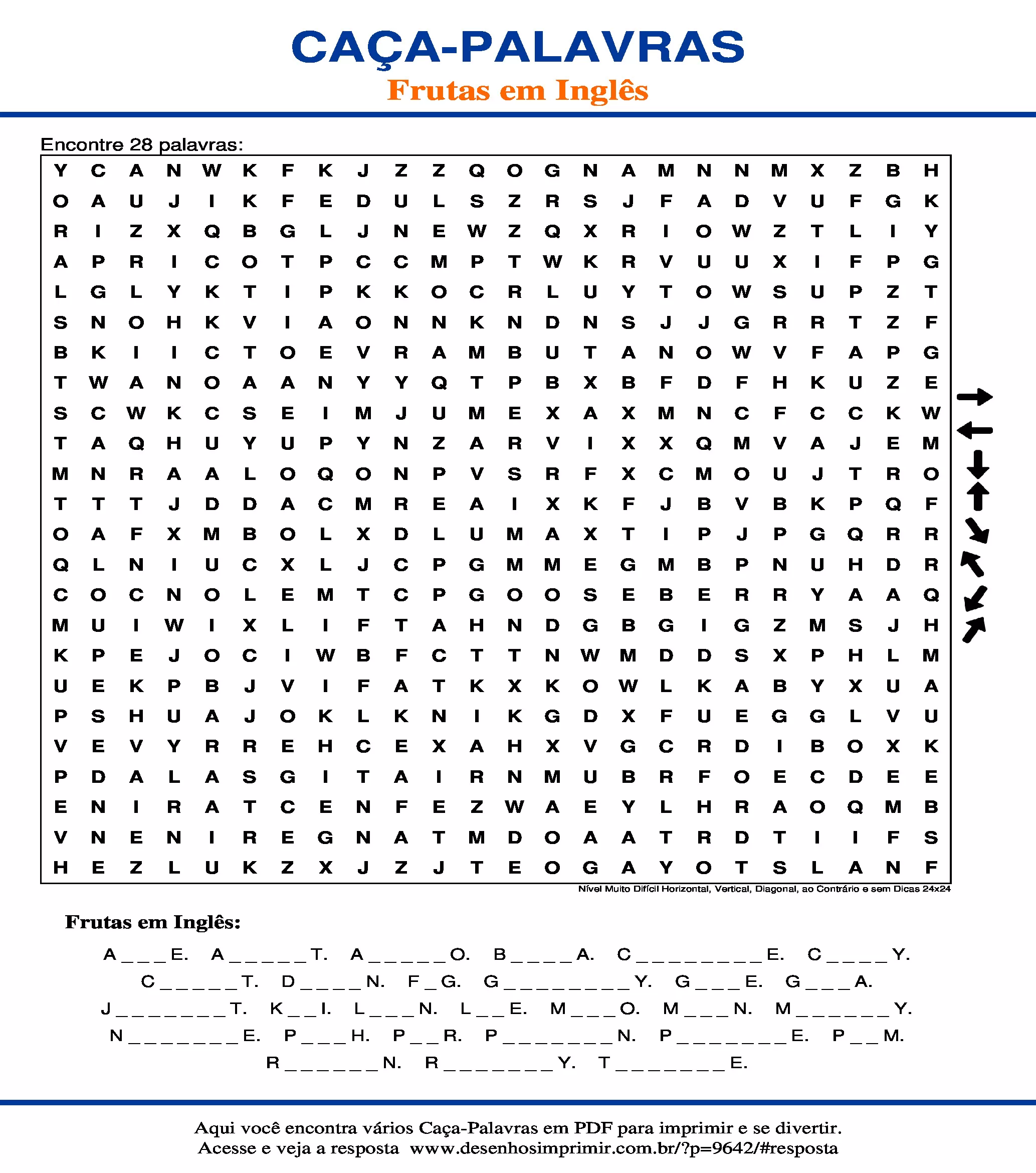 Caça Palavras Nível Muito Difícil Horizontal, Vertical, Diagonal, ao Contrário e sem Dicas 24x24