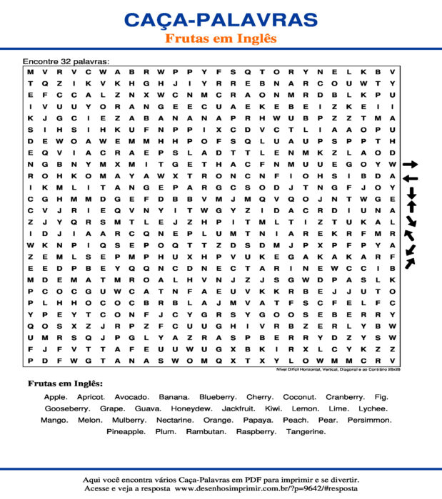 Caça Palavras das Frutas em Inglês Nível Difícil Horizontal, Vertical, Diagonal e ao Contrário 26x26 para imprimir