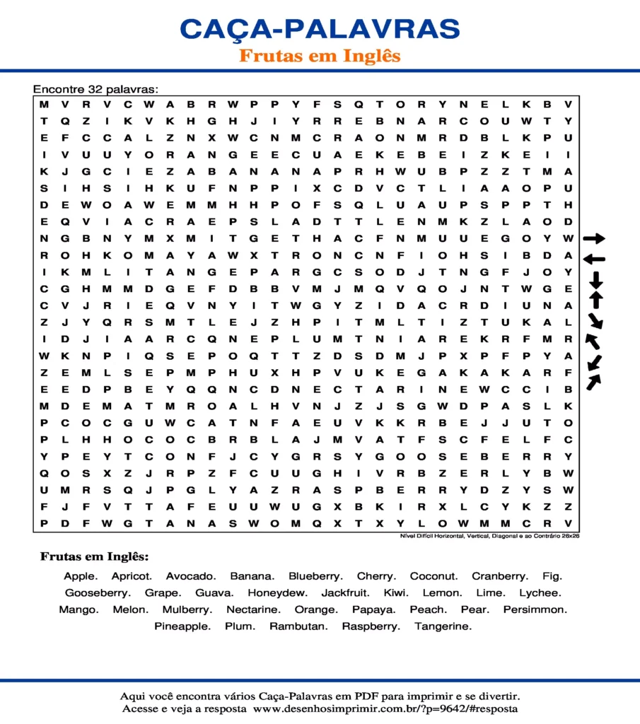 Frutas em Inglês Nível Difícil Horizontal, Vertical, Diagonal e ao Contrário 26x26 caça palavras Caça Palavras das Frutas em Inglês Nível Difícil Horizontal, Vertical, Diagonal e ao Contrário 26x26 para imprimir