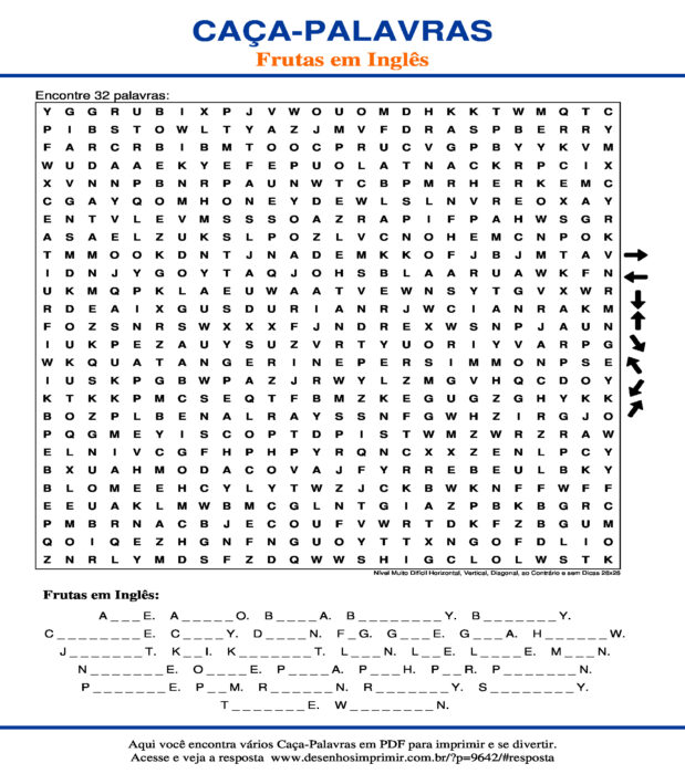 Caça Palavras das Frutas em Inglês Nível Muito Difícil Horizontal, Vertical, Diagonal, ao Contrário e sem Dicas 26x26 para imprimir