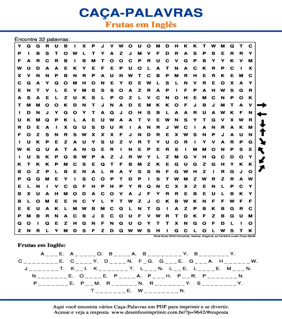 Frutas em Inglês Nível Muito Difícil Horizontal, Vertical, Diagonal, ao Contrário e sem Dicas 26x26 caça palavras Caça Palavras das Frutas em Inglês Nível Muito Difícil Horizontal, Vertical, Diagonal, ao Contrário e sem Dicas 26x26 para imprimir