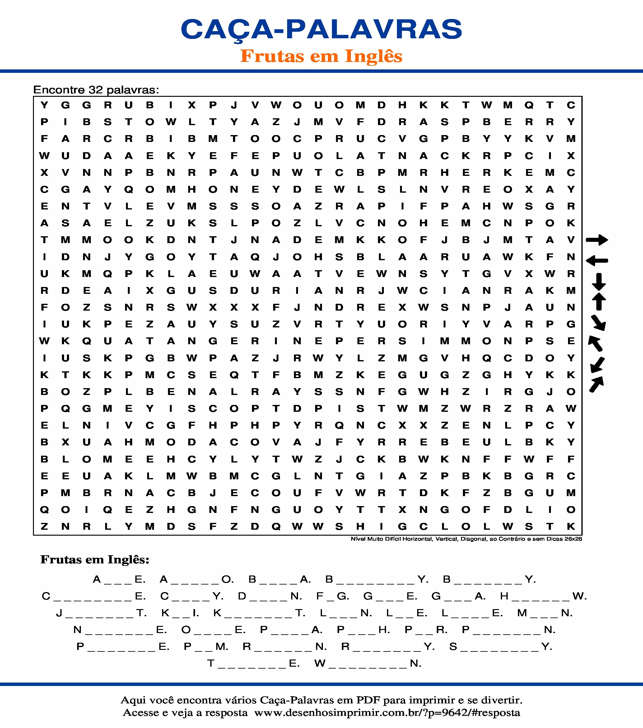 Caça Palavras Nível Muito Difícil Horizontal, Vertical, Diagonal, ao Contrário e sem Dicas 26x26
