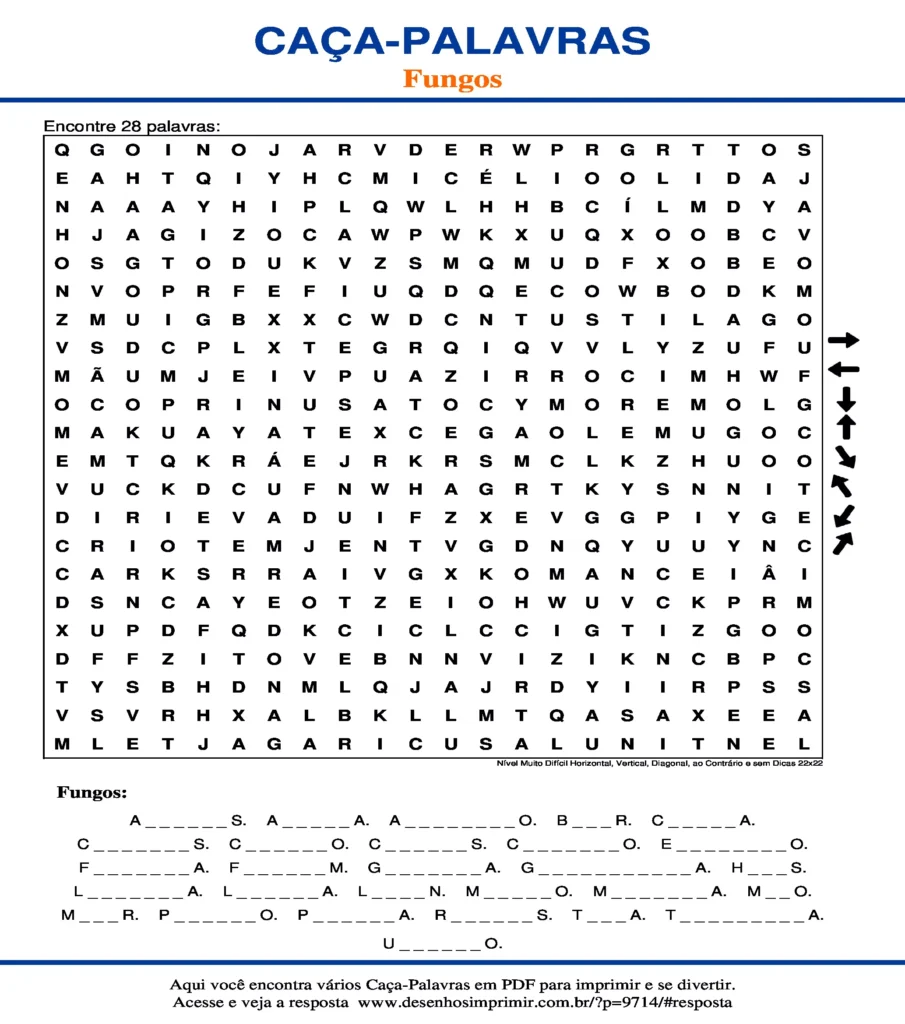 Fungos Nível Muito Difícil Horizontal, Vertical, Diagonal, ao Contrário e sem Dicas 22x22 caça palavras Caça Palavras sobre Fungos Nível Muito Difícil Horizontal, Vertical, Diagonal, ao Contrário e sem Dicas 22x22 para imprimir