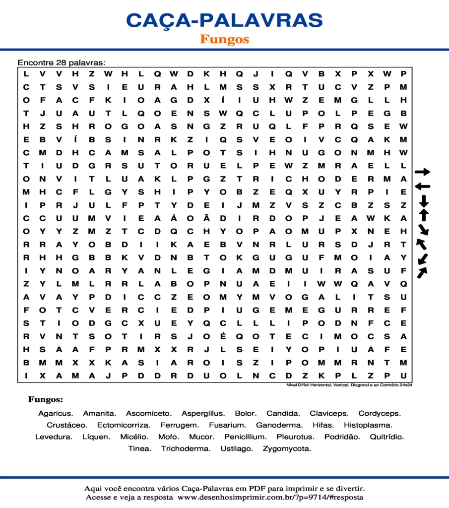 Fungos Nível Difícil Horizontal, Vertical, Diagonal e ao Contrário 24x24 caça palavras Caça Palavras sobre Fungos Nível Difícil Horizontal, Vertical, Diagonal e ao Contrário 24x24 para imprimir