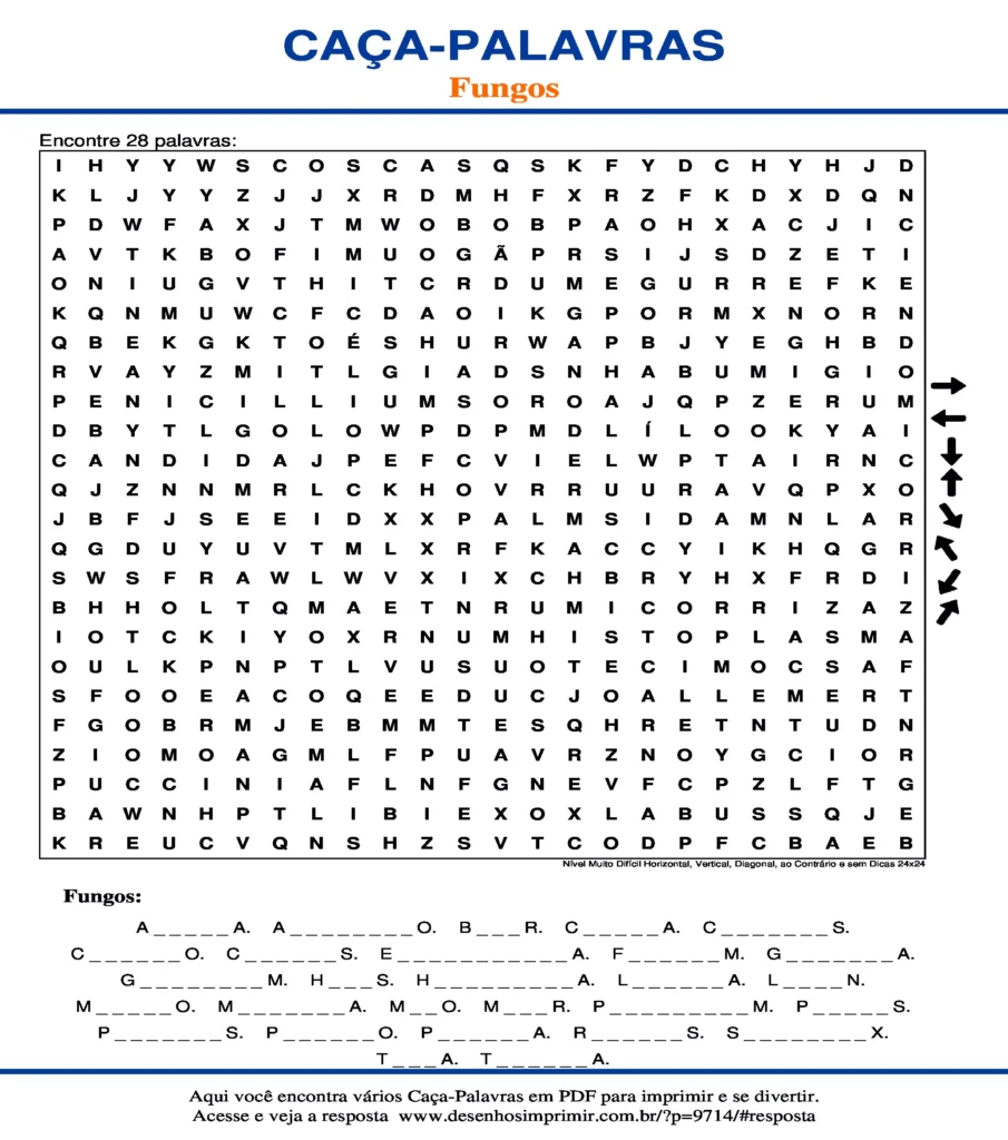 Fungos Nível Muito Difícil Horizontal, Vertical, Diagonal, ao Contrário e sem Dicas 24x24 caça palavras Caça Palavras sobre Fungos Nível Muito Difícil Horizontal, Vertical, Diagonal, ao Contrário e sem Dicas 24x24 para imprimir