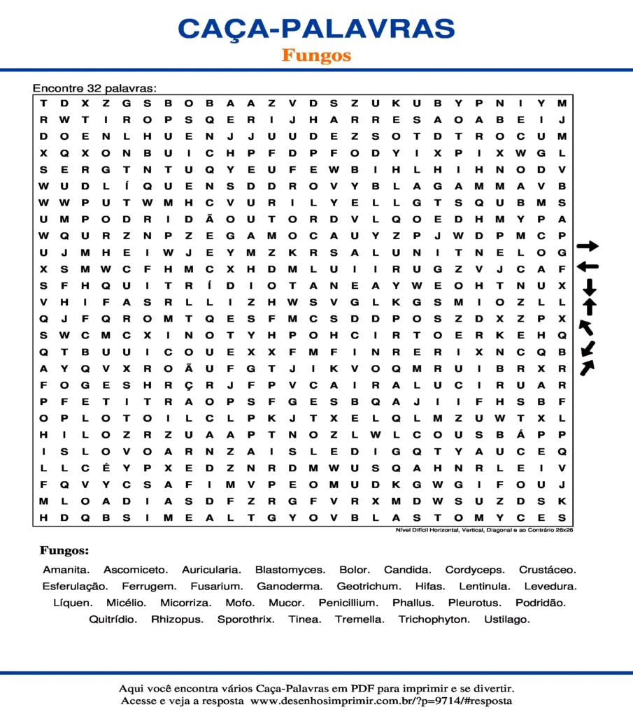 Fungos Nível Difícil Horizontal, Vertical, Diagonal e ao Contrário 26x26 caça palavras Caça Palavras sobre Fungos Nível Difícil Horizontal, Vertical, Diagonal e ao Contrário 26x26 para imprimir