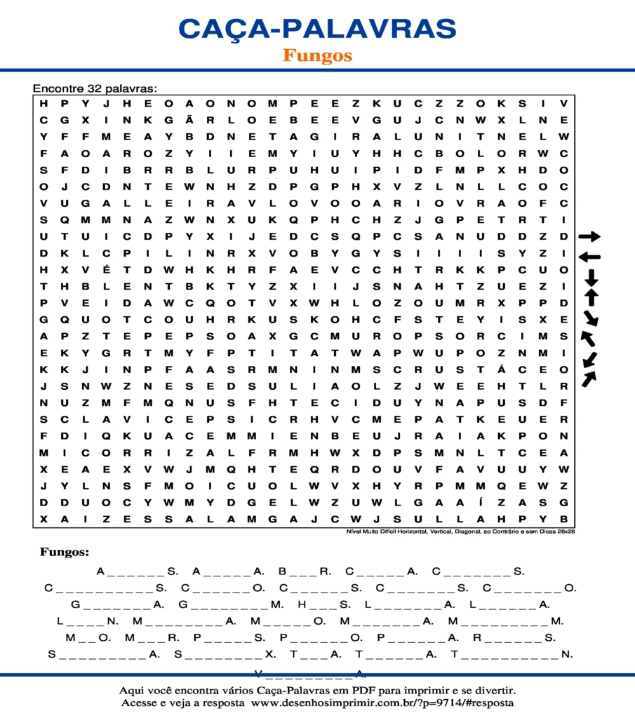 Fungos Nível Muito Difícil Horizontal, Vertical, Diagonal, ao Contrário e sem Dicas 26x26 caça palavras Caça Palavras sobre Fungos Nível Muito Difícil Horizontal, Vertical, Diagonal, ao Contrário e sem Dicas 26x26 para imprimir