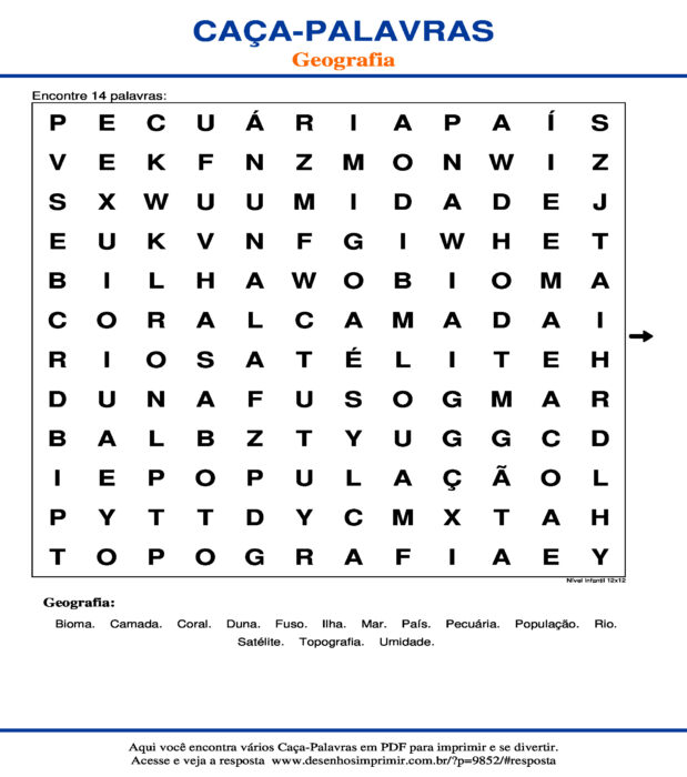 Caça Palavras Geografia Nível Infantil 12x12 para imprimir