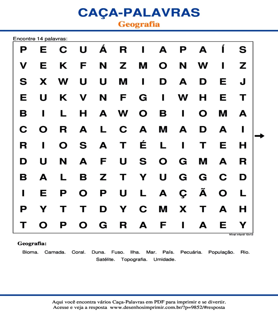 Geografia Nível Infantil 12x12 caça palavras Caça Palavras Geografia Nível Infantil 12x12 para imprimir