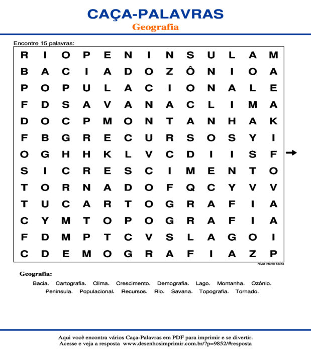 Caça Palavras Geografia Nível Infantil 13x13 para imprimir