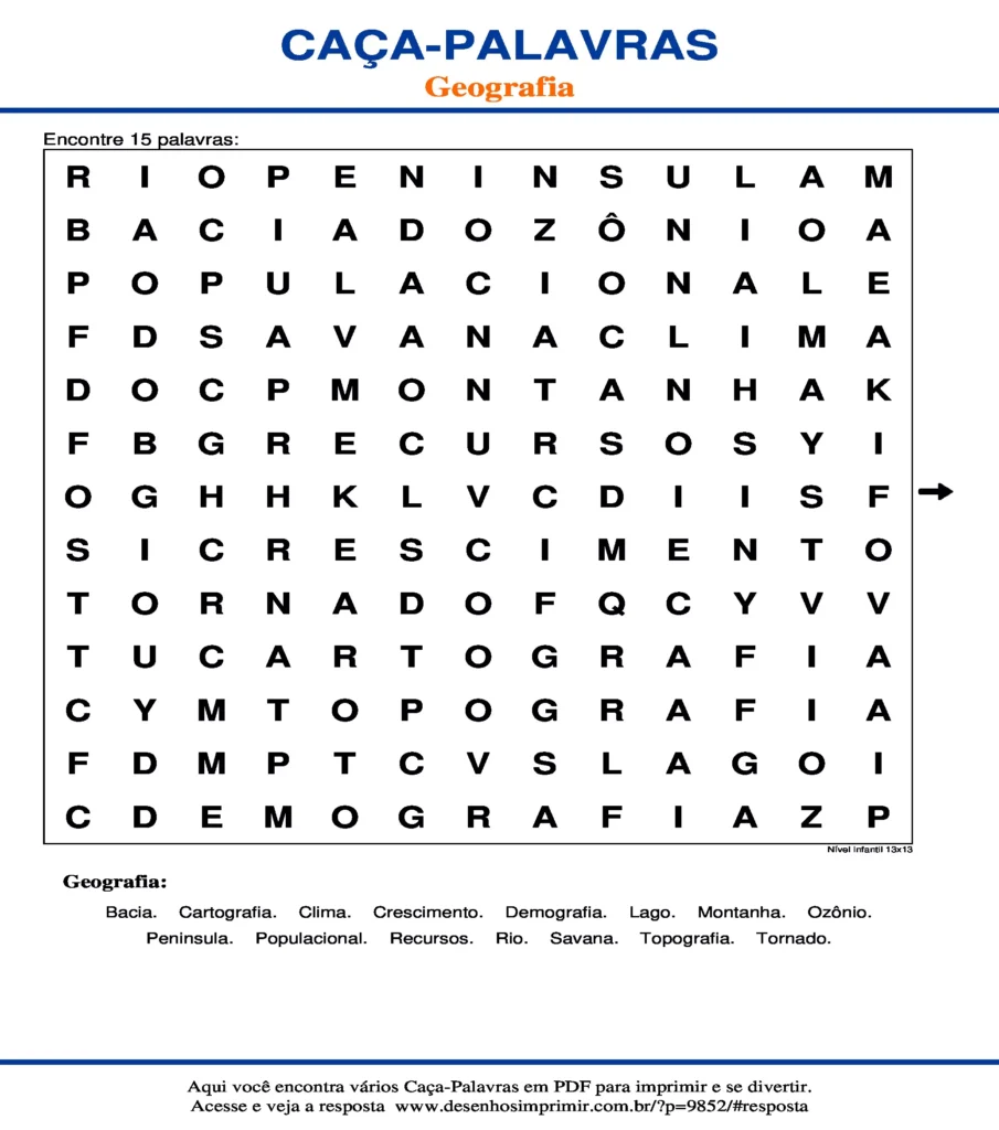 Geografia Nível Infantil 13x13 caça palavras Caça Palavras Geografia Nível Infantil 13x13 para imprimir