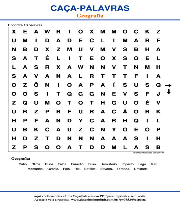 Caça Palavras Geografia Nível Fácil Horizontal e Vertical 14x14 para imprimir