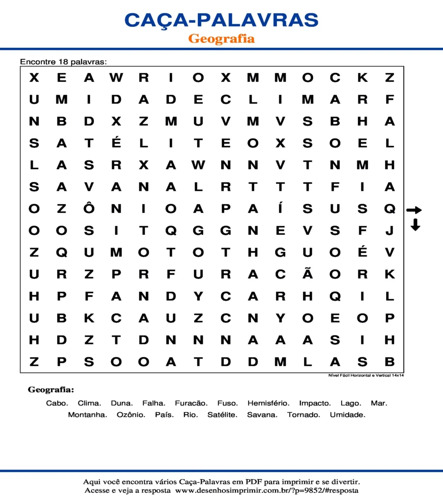 Geografia Nível Fácil Horizontal e Vertical 14x14 caça palavras Caça Palavras Geografia Nível Fácil Horizontal e Vertical 14x14 para imprimir