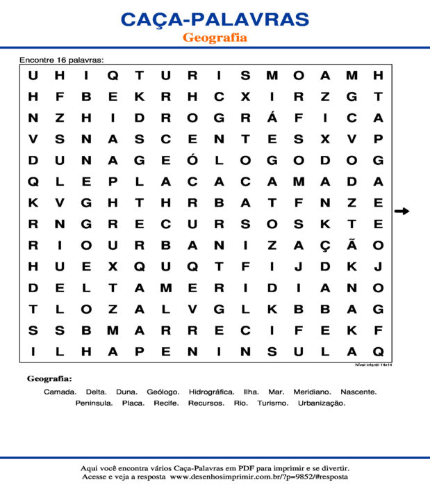 Caça Palavras Geografia Nível Infantil 14x14 para imprimir