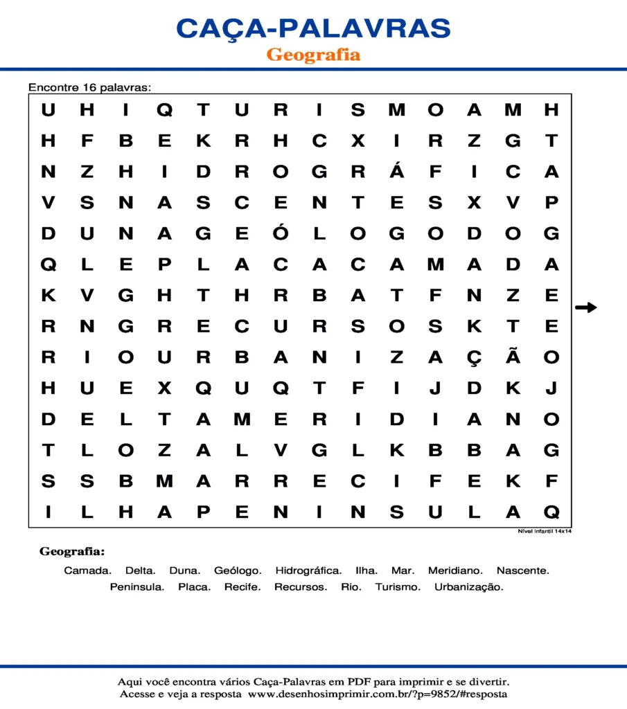 Geografia Nível Infantil 14x14 caça palavras Caça Palavras Geografia Nível Infantil 14x14 para imprimir