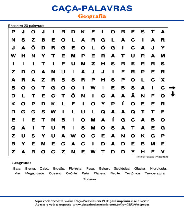Caça Palavras Geografia Nível Fácil Horizontal e Vertical 16x16 para imprimir