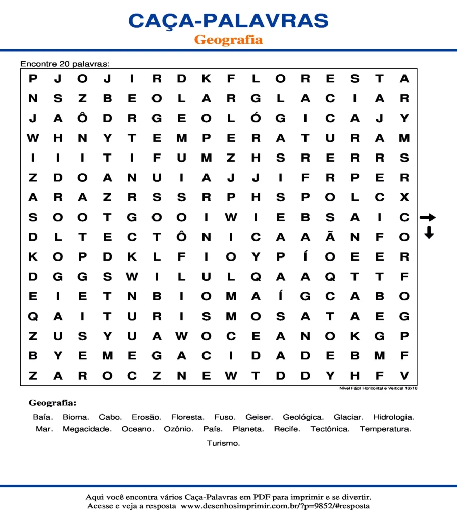 Geografia Nível Fácil Horizontal e Vertical 16x16 caça palavras Caça Palavras Geografia Nível Fácil Horizontal e Vertical 16x16 para imprimir