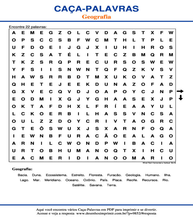 Caça Palavras Geografia Nível Fácil Horizontal e Vertical 18x18 para imprimir
