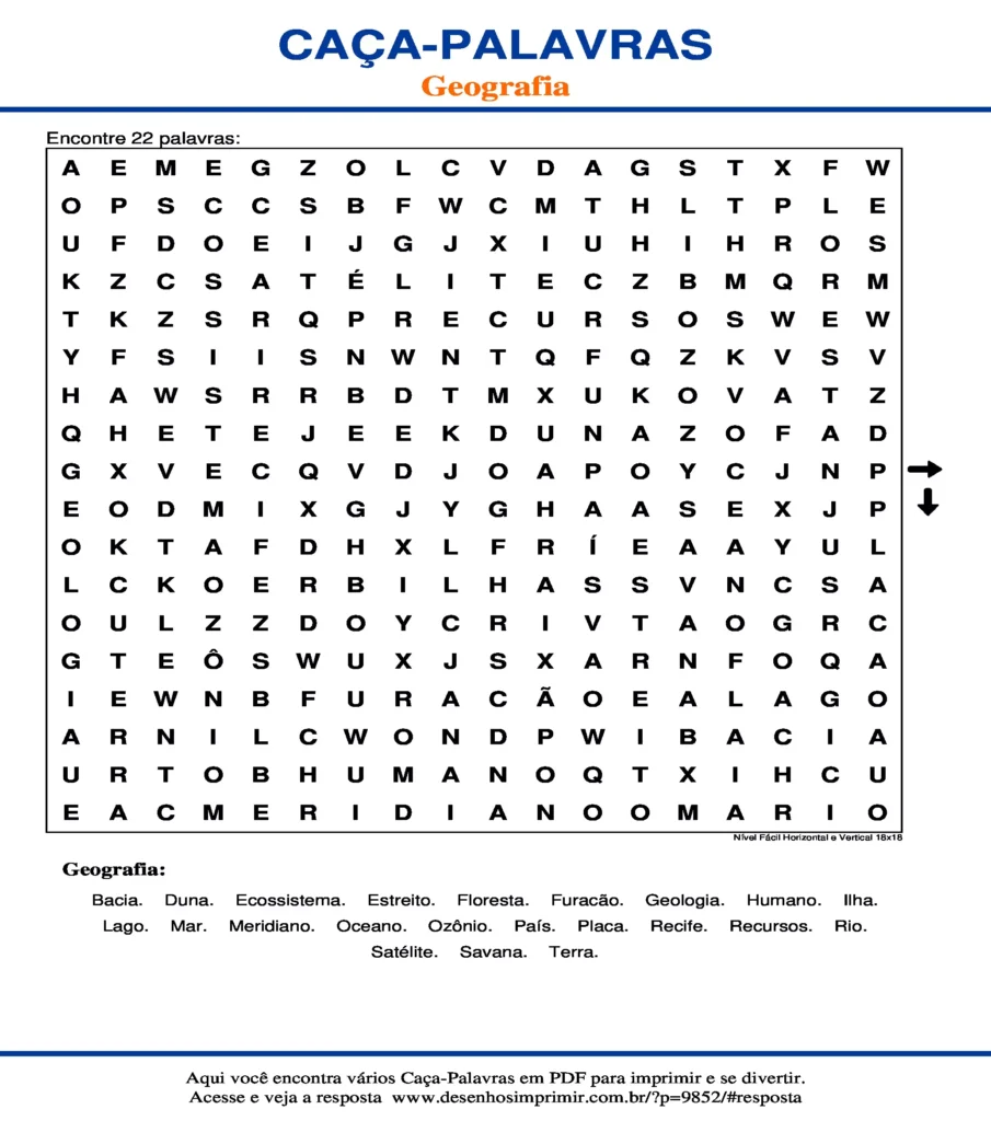 Geografia Nível Fácil Horizontal e Vertical 18x18 caça palavras Caça Palavras Geografia Nível Fácil Horizontal e Vertical 18x18 para imprimir