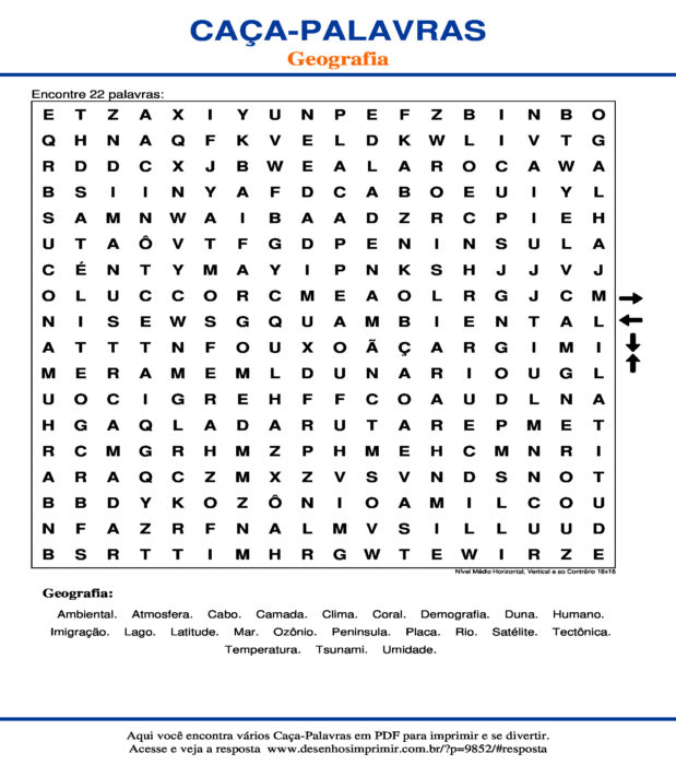 Caça Palavras Geografia Nível Médio Horizontal, Vertical e ao Contrário 18x18 para imprimir