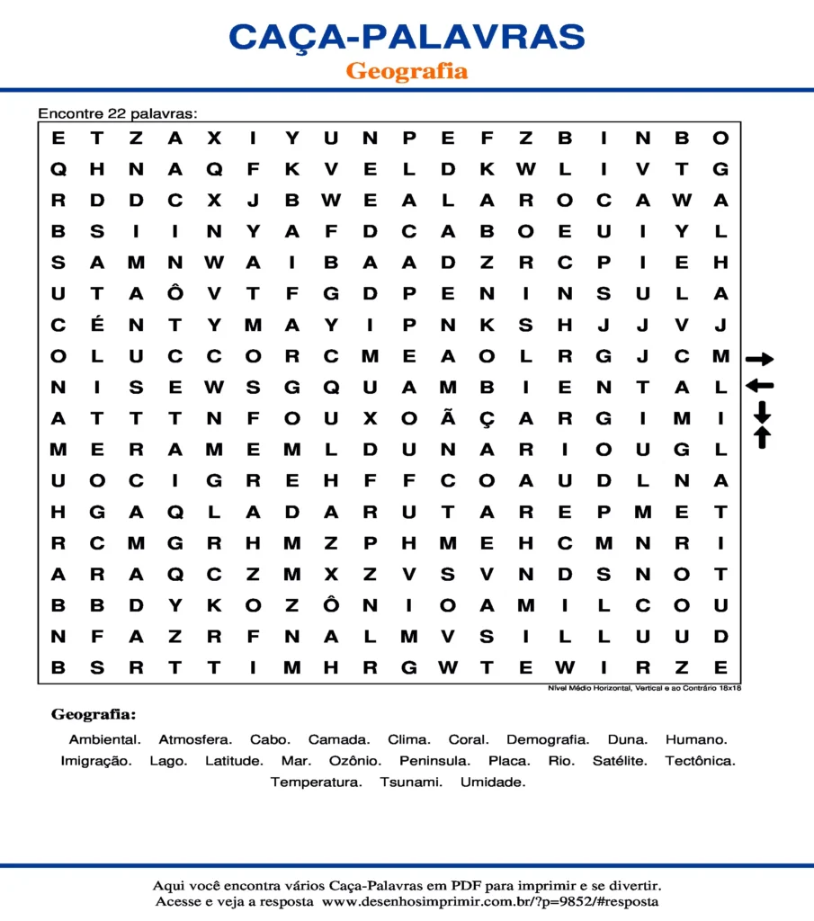 Geografia Nível Médio Horizontal, Vertical e ao Contrário 18x18 caça palavras Caça Palavras Geografia Nível Médio Horizontal, Vertical e ao Contrário 18x18 para imprimir