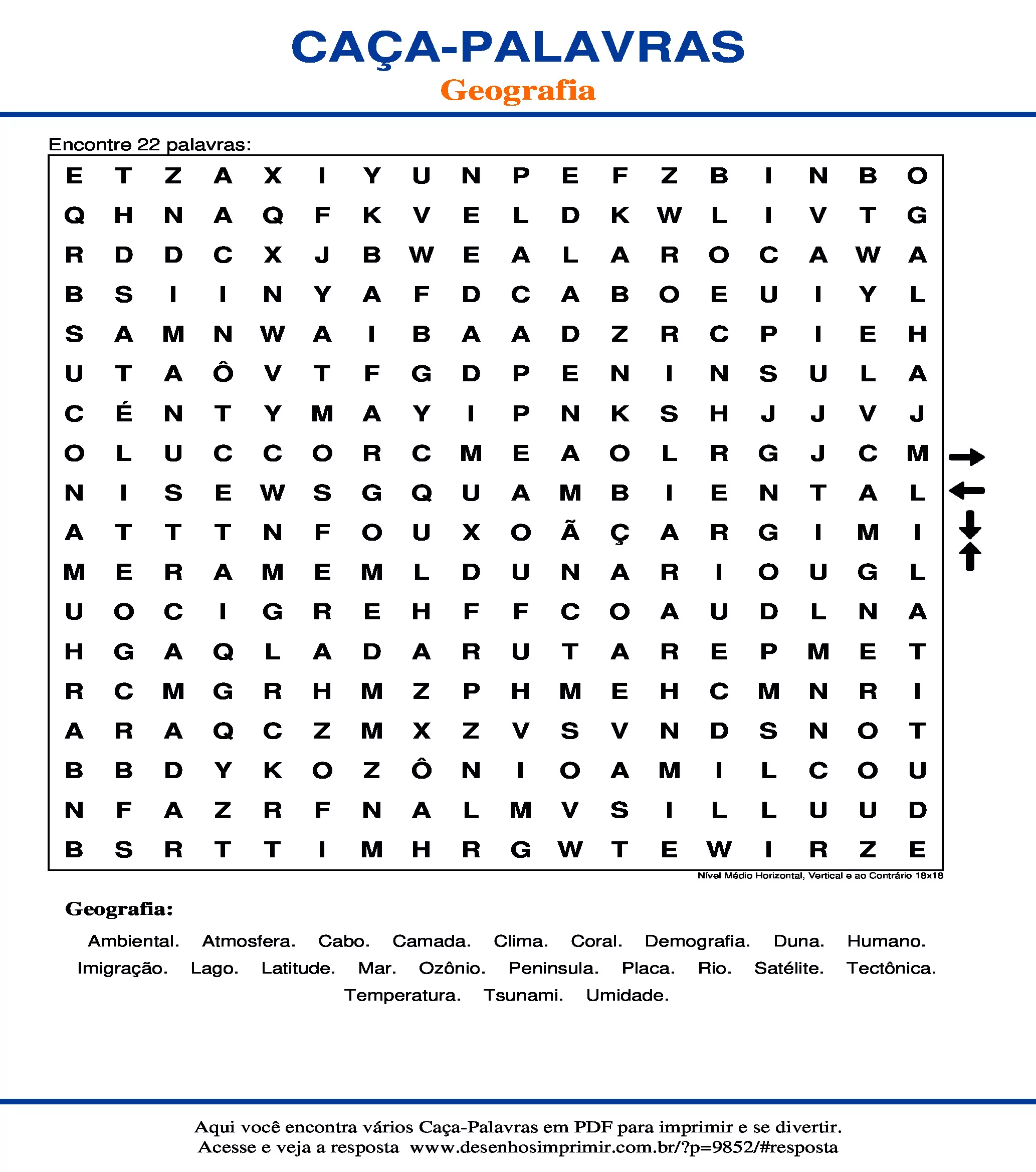 Caça Palavras Nível Médio Horizontal, Vertical e ao Contrário 18x18
