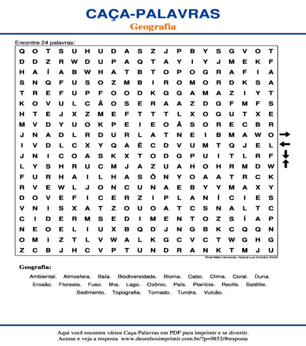 Caça Palavras Geografia Nível Médio Horizontal, Vertical e ao Contrário 20x20 para imprimir