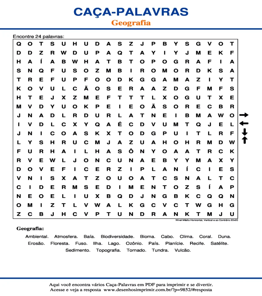 Geografia Nível Médio Horizontal, Vertical e ao Contrário 20x20 caça palavras Caça Palavras Geografia Nível Médio Horizontal, Vertical e ao Contrário 20x20 para imprimir