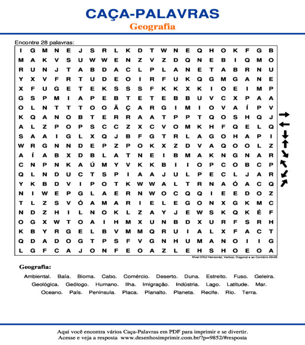 Caça Palavras Geografia Nível Difícil Horizontal, Vertical, Diagonal e ao Contrário 22x22 para imprimir