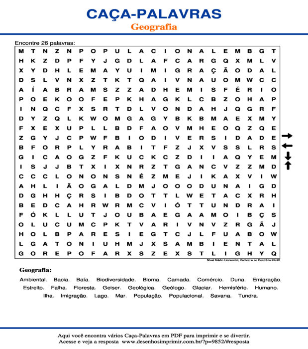 Caça Palavras Geografia Nível Médio Horizontal, Vertical e ao Contrário 22x22 para imprimir