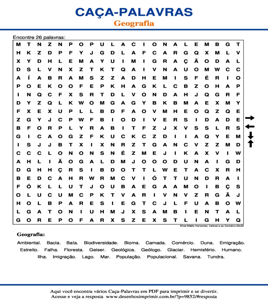 Geografia Nível Médio Horizontal, Vertical e ao Contrário 22x22 caça palavras Caça Palavras Geografia Nível Médio Horizontal, Vertical e ao Contrário 22x22 para imprimir