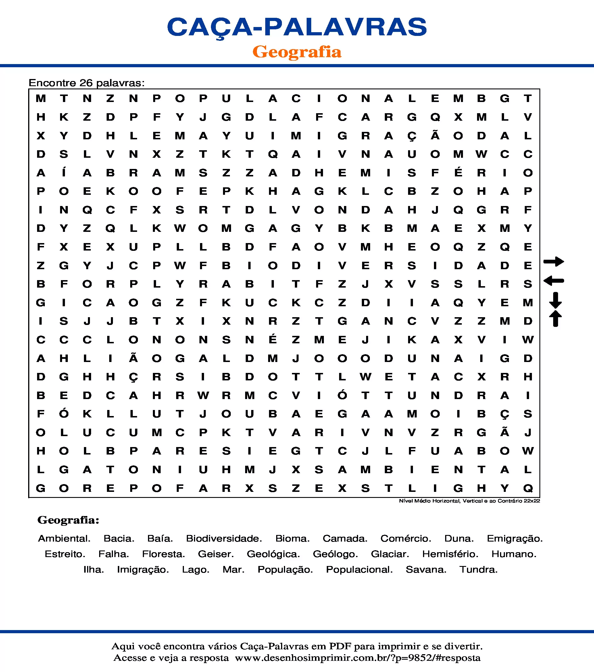 Caça Palavras Nível Médio Horizontal, Vertical e ao Contrário 22x22