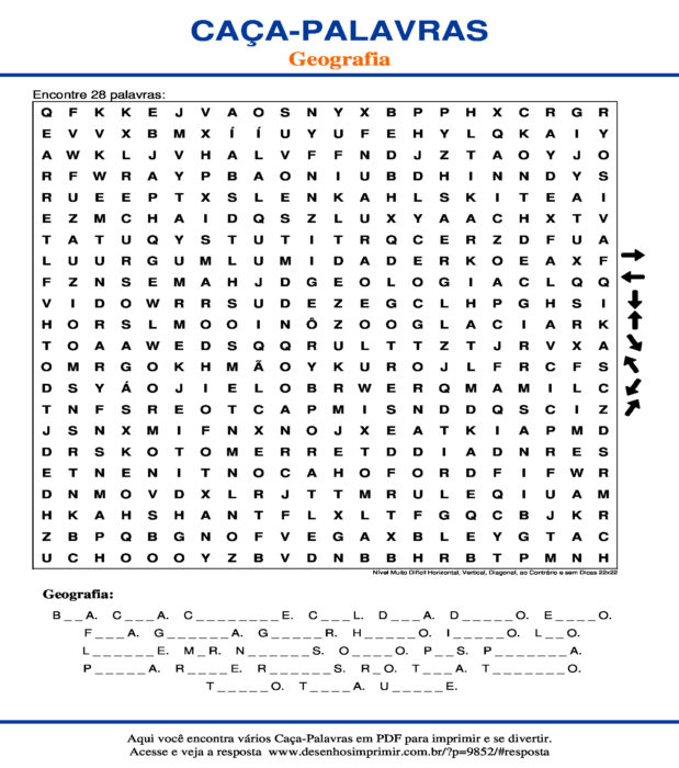 Caça Palavras Geografia Nível Muito Difícil Horizontal, Vertical, Diagonal, ao Contrário e sem Dicas 22x22 para imprimir