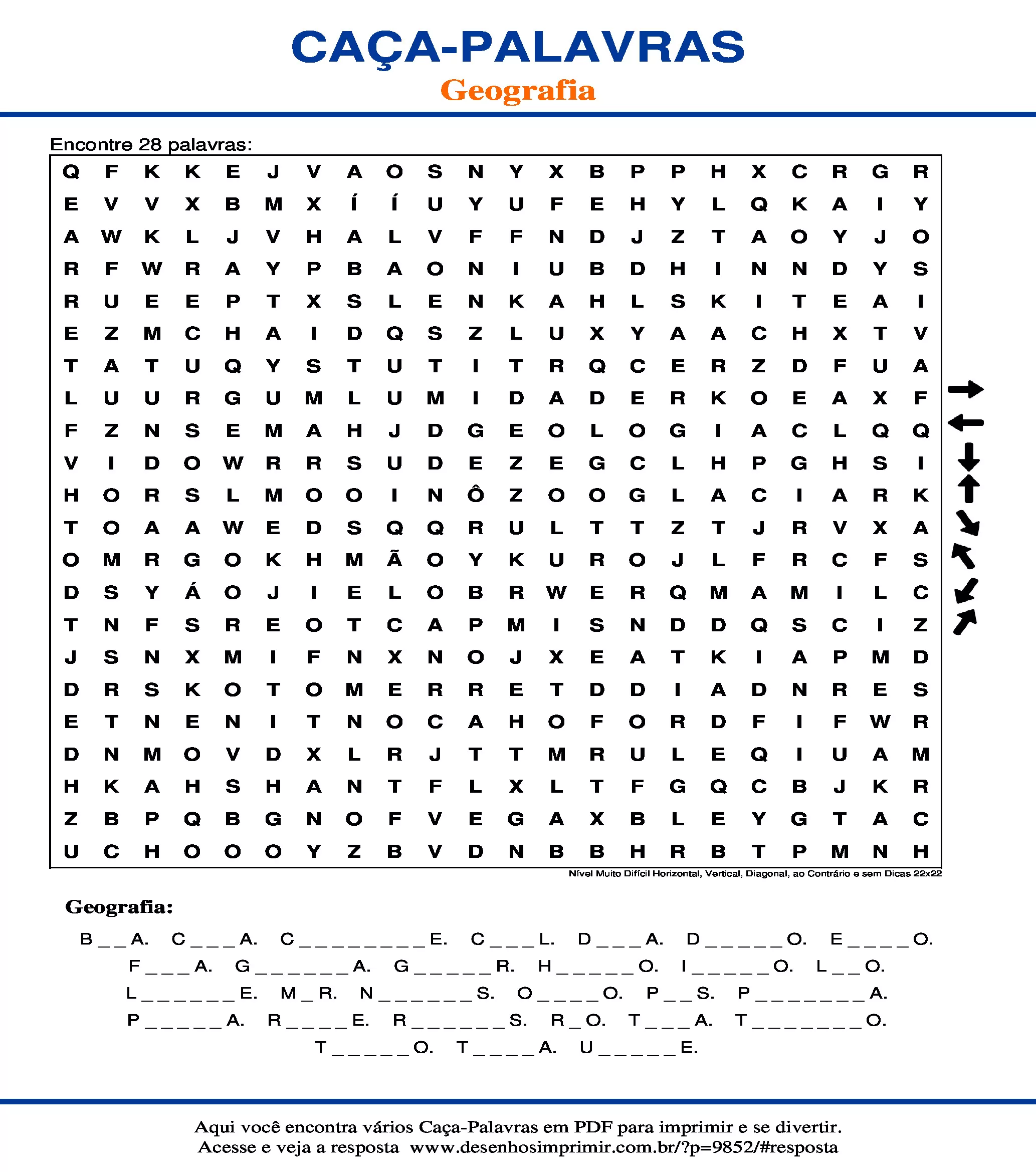 Caça Palavras Nível Muito Difícil Horizontal, Vertical, Diagonal, ao Contrário e sem Dicas 22x22