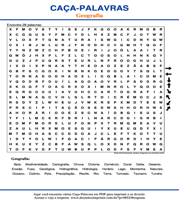 Caça Palavras Geografia Nível Difícil Horizontal, Vertical, Diagonal e ao Contrário 24x24 para imprimir