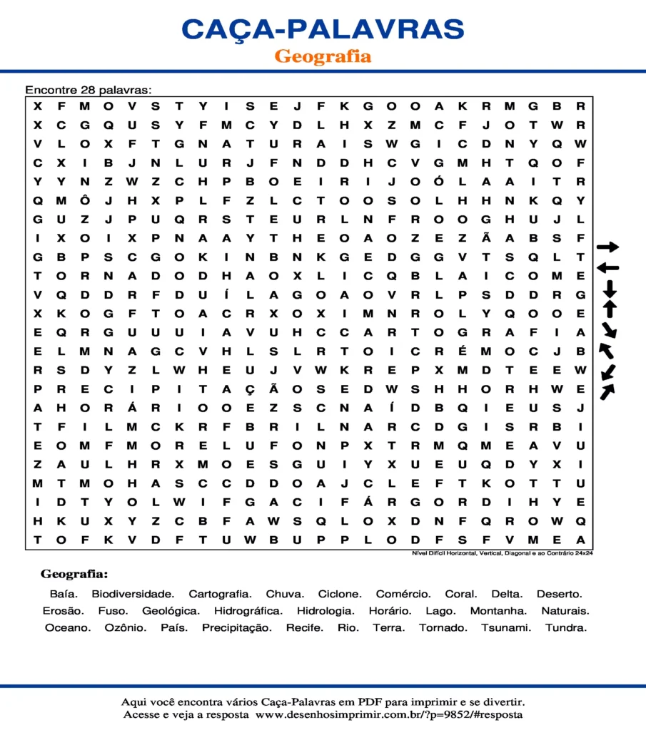 Geografia Nível Difícil Horizontal, Vertical, Diagonal e ao Contrário 24x24 caça palavras Caça Palavras Geografia Nível Difícil Horizontal, Vertical, Diagonal e ao Contrário 24x24 para imprimir