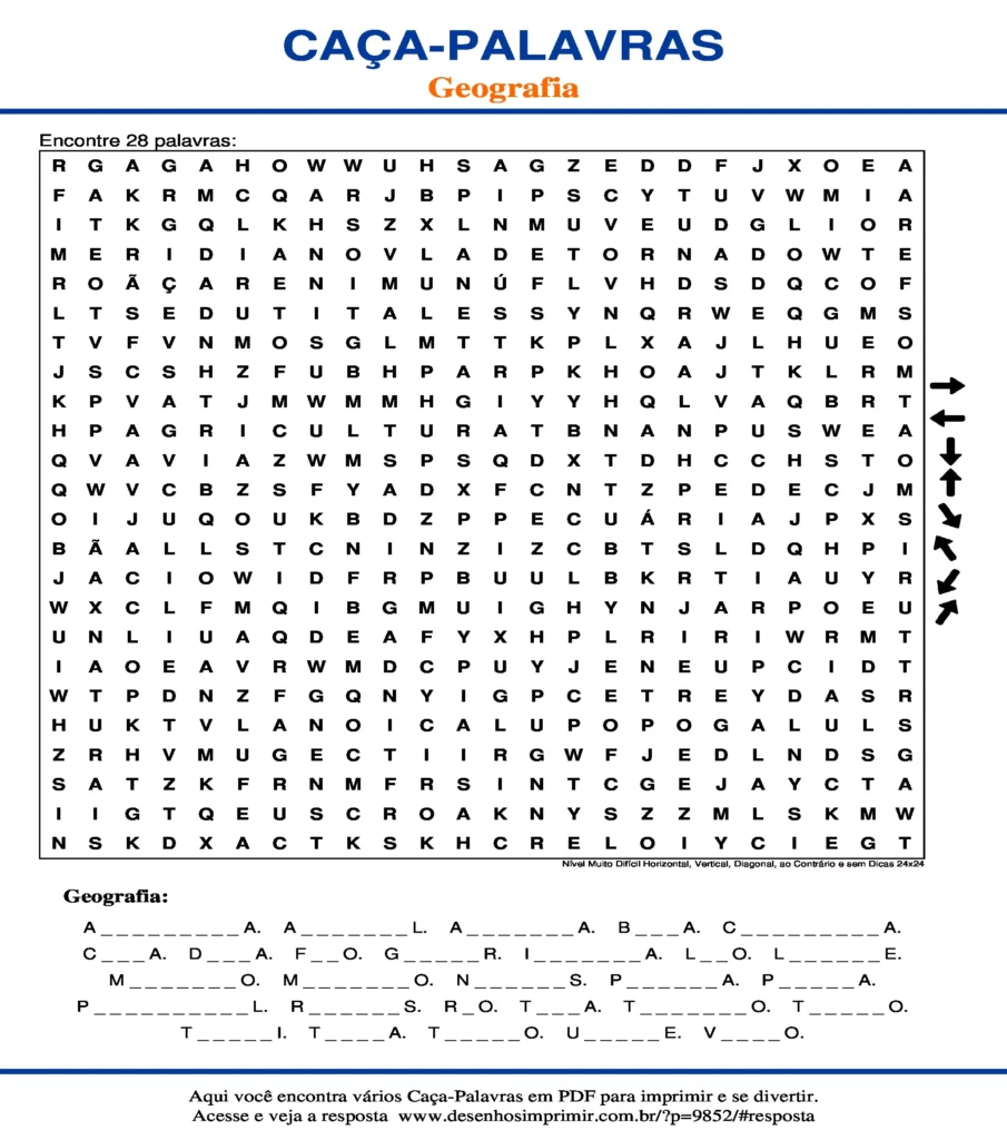 Geografia Nível Muito Difícil Horizontal, Vertical, Diagonal, ao Contrário e sem Dicas 24x24 caça palavras Caça Palavras Geografia Nível Muito Difícil Horizontal, Vertical, Diagonal, ao Contrário e sem Dicas 24x24 para imprimir