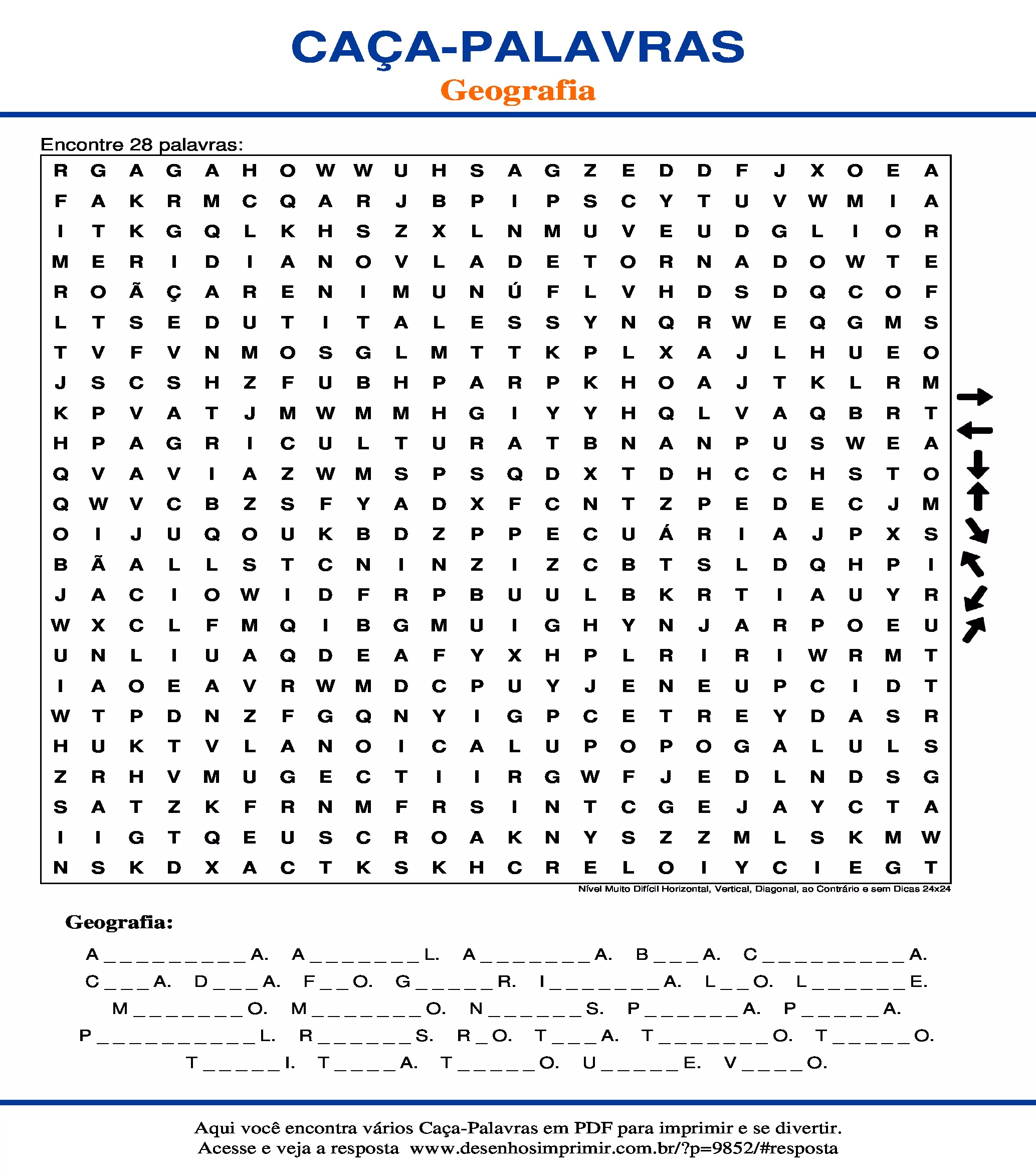 Caça Palavras Nível Muito Difícil Horizontal, Vertical, Diagonal, ao Contrário e sem Dicas 24x24